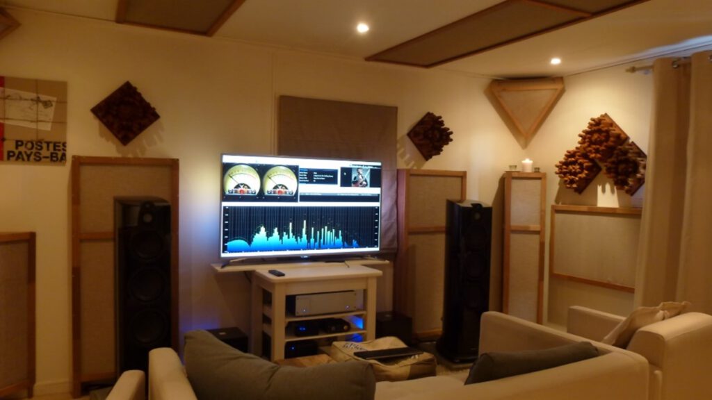 purpose build listening room with high-end equipment and acoustic treatments